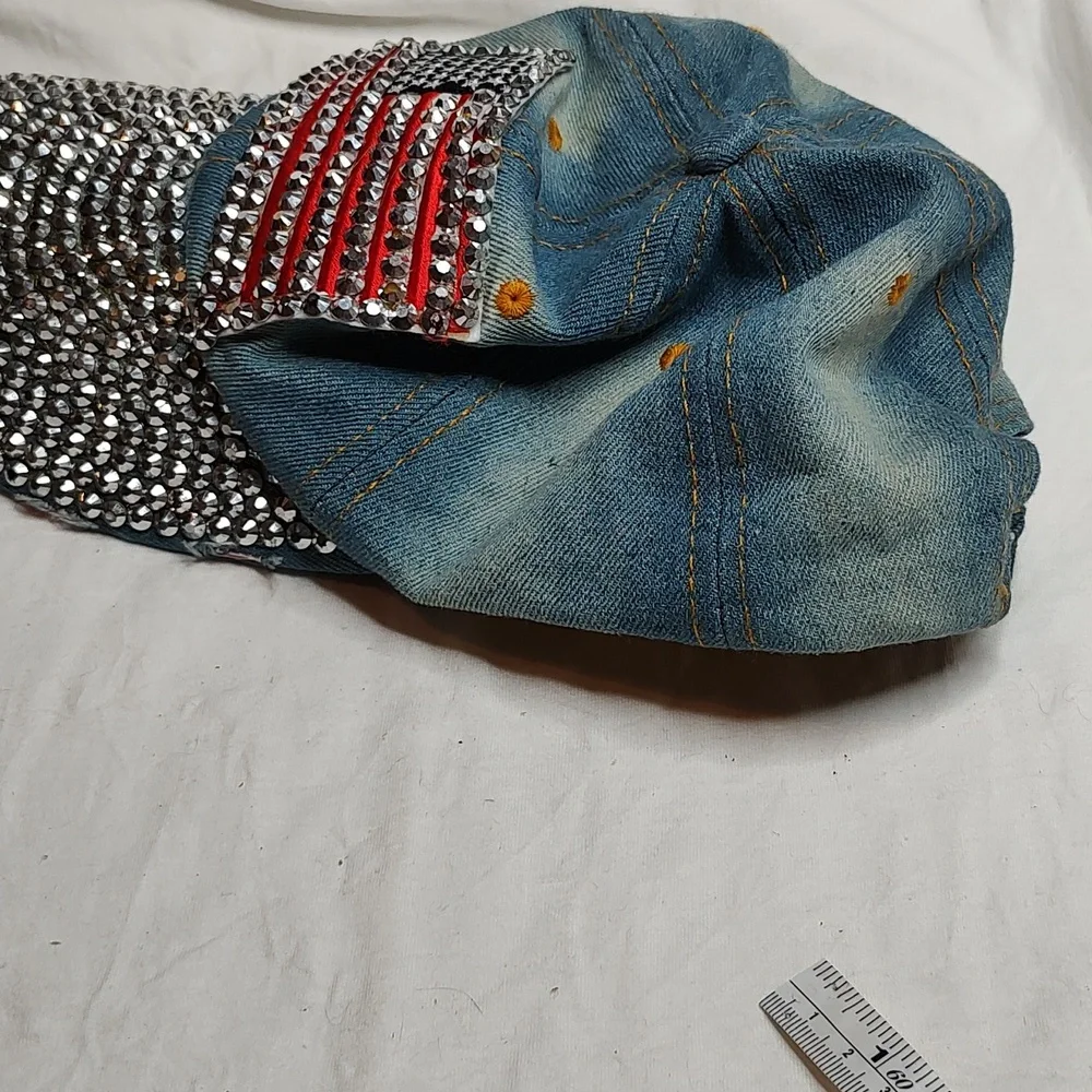 Bling American Flag Denim Distressed Jean Cap USA Hat - Picture 6 of 11